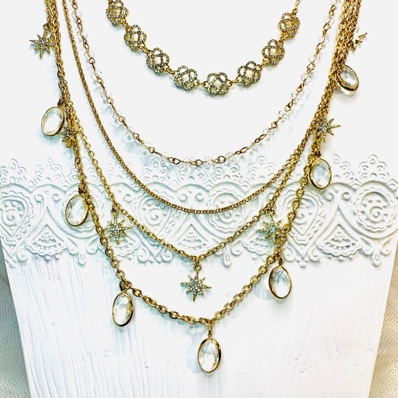 Saks 5th Gold 5 Chain Layered Pave Necklace NWT - Picture 8 of 12